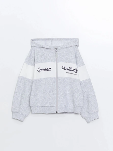 LCW Kids Gri Kapüşonlu Baskılı Uzun Kollu Kız Çocuk Fermuarlı Sweatshirt ürün görseli 1