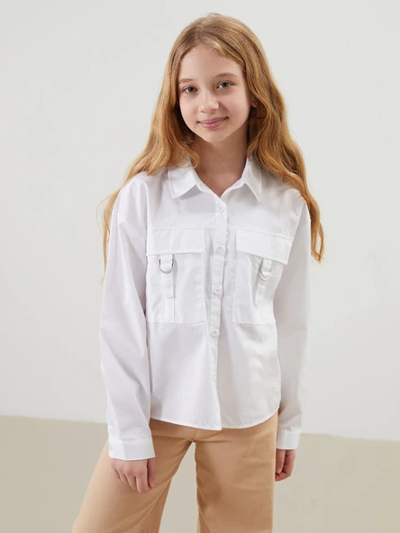 LCW Kids BEYAZ Basic Uzun Kollu Kız Çocuk Crop Gömlek ürün görseli 1