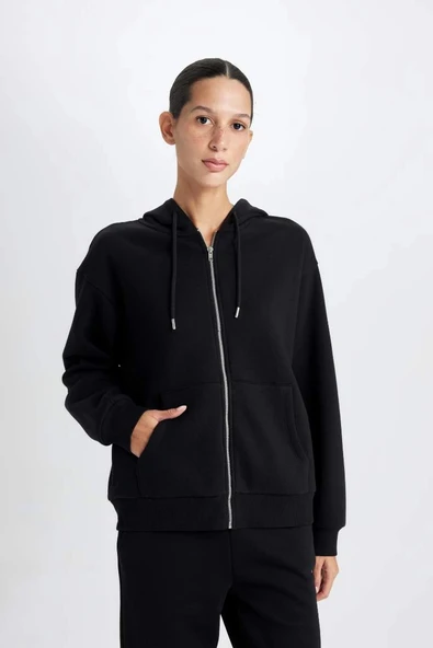 C1809 Kapüşonlu Fermuarlı Cepli Sweatshirt Hırka ürün görseli 1
