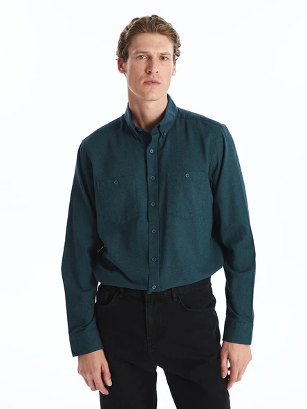 LCWAIKIKI Classic Yeşil Regular Fit Uzun Kollu Gabardin Erkek Gömlek ürün görseli 1