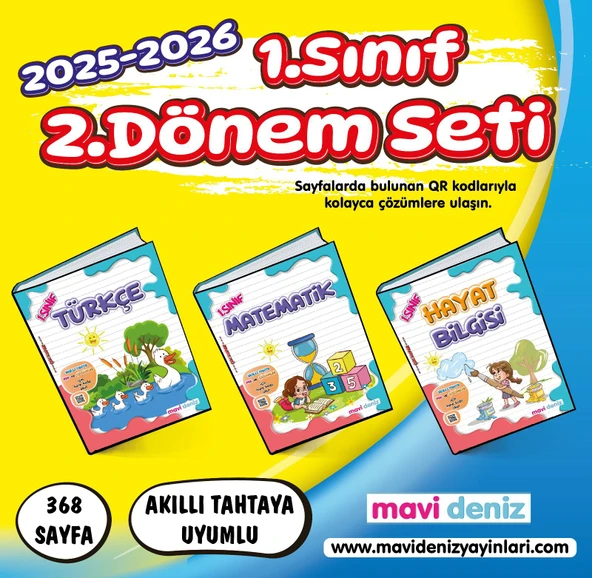 Mavi Deniz 2026 1. Sınıf 2. Dönem Türkçe + Matematik + Hayat Bilgisi 3 Kitap Seti Güncel Müfredat ürün görseli 1