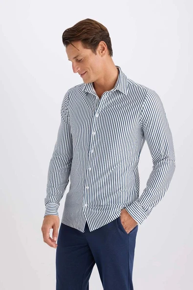 D4563 Slim Fit Dar Kesim Polo Yaka Çizgili Uzun Kollu Gömlek ürün görseli 1