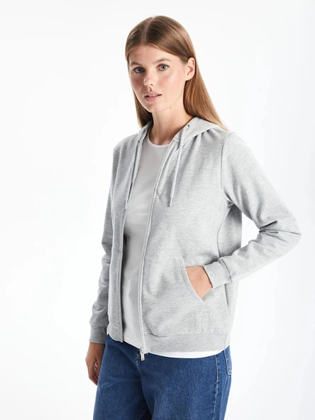 LCWAIKIKI Basic Gri Kapüşonlu Düz Uzun Kollu Kadın Fermuarlı Sweatshirt ürün görseli 1