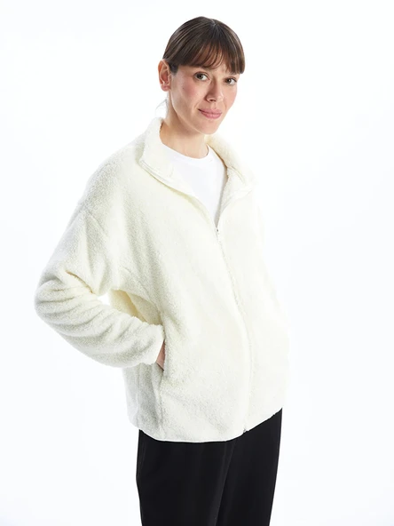 LCWAIKIKI Basic Ekru Dik Yaka Pelüş Kadın Fermuarlı Sweatshirt ürün görseli 1