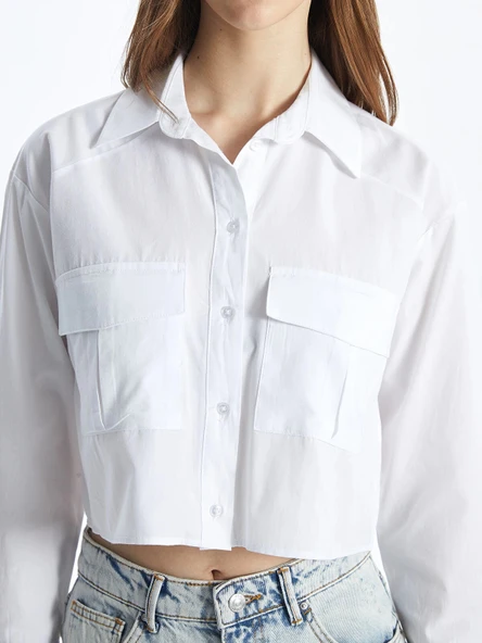 XSIDE BEYAZ Crop Poplin Kadın Gömlek - Resim 3