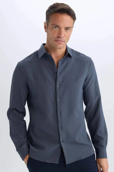 Defacto D7246 Gri Modern Fit Polo Yaka Dokuma Uzun Kollu Gömlek ürün görseli 1