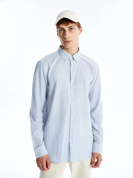 SOUTHBLUE Mavi Slim Fit Uzun Kollu Çizgili Poplin Erkek Gömlek ürün görseli 1