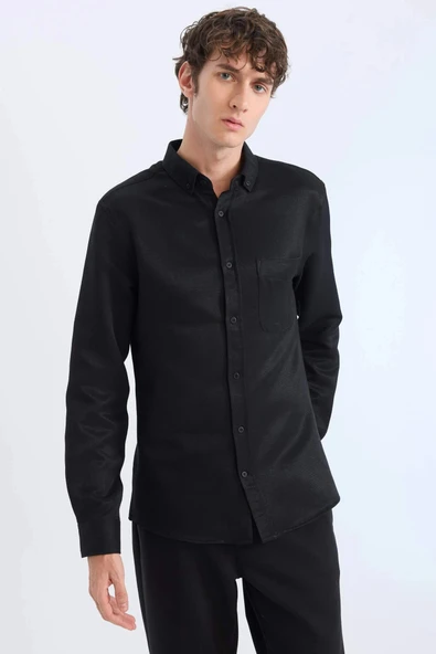 Defacto T2066 Siyah Slim Fit Dar Kesim Polo Yaka Dokulu Uzun Kollu Gömlek ürün görseli 1