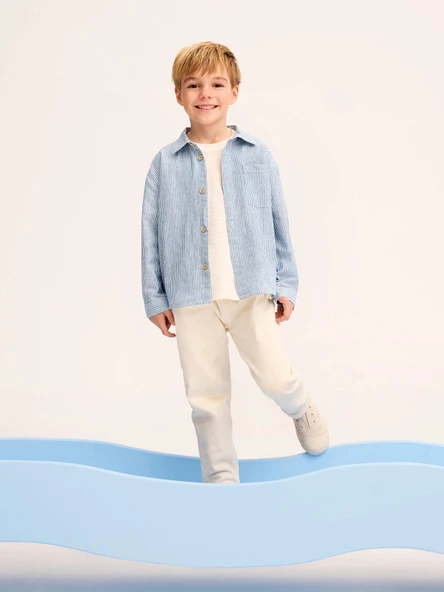 LCW Kids MAVİ Çizgili Keten Erkek Çocuk Gömlek ürün görseli 1