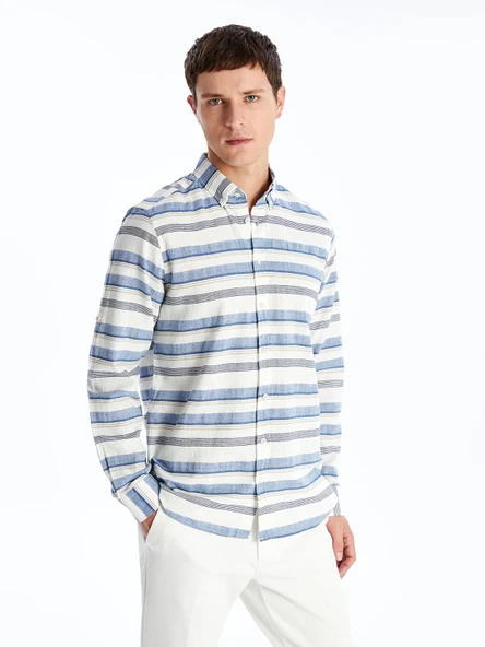 LCWAIKIKI Classic Indigo Regular Fit Uzun Kollu Çizgili Poplin Erkek Gömlek ürün görseli 1