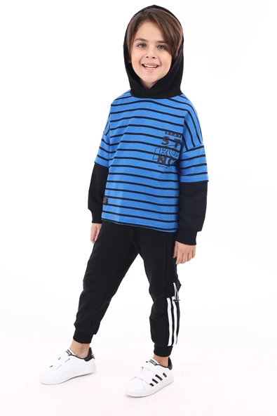 Toontoy Erkek Çocuk Çizgili 2'li Takım Baskılı Kapüşonlu Sweatshirt & Beli Paçası Lastikli Cepli Jogger Eşofman Altı - Renk Bloklu & 2 İplik ürün görseli 1