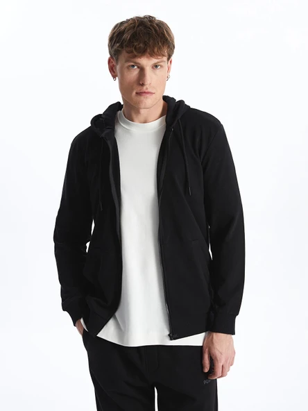 LCW Casual Siyah Kapüşonlu Uzun Kollu Erkek Fermuarlı Sweatshirt ürün görseli 1