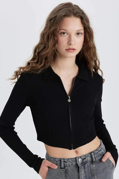 C4578 Fitted Polo Yaka Fitilli Kaşkorse Crop Fermuarlı Hırka ürün görseli 1