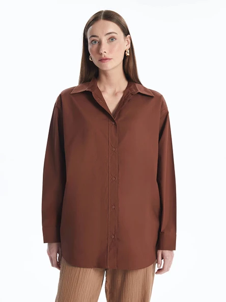 LCWAIKIKI Classic Kahverengi Düz Oversize Kadın Gömlek Tunik ürün görseli 1