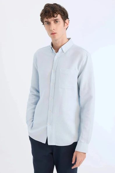 Defacto T2066 Mavi Slim Fit Dar Kesim Polo Yaka Dokulu Uzun Kollu Gömlek ürün görseli 1