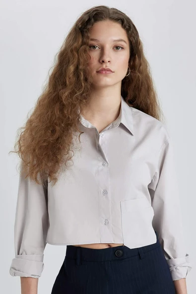 Defacto C5026 Gri Oversize Geniş Kalıp Crop Poplin Uzun Kollu Gömlek ürün görseli 1