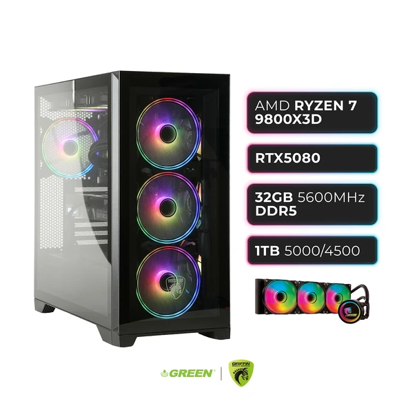 GREEN GRIFFIN G9 RTX 5080 Ryzen 7 9800X3D 32 GB DDR5 Ram 1TB SSD Sıvı Soğutucu Oyuncu OEM Paket ürün görseli 1