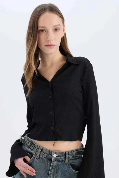 Defacto A0012 Siyah Coool Fitted Basic Düz Bürümcük Uzun Kollu Gömlek ürün görseli 1