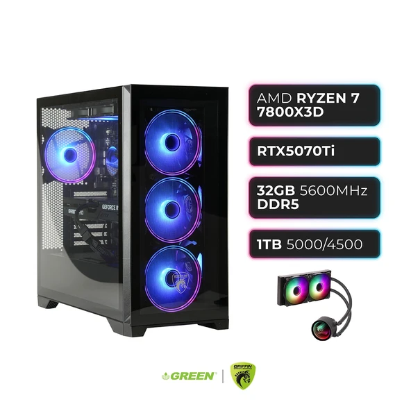 GREEN GRIFFIN G9 RTX 5070TI Ryzen 7 7800X3D 32 GB DDR5 Ram 1TB SSD Sıvı Soğutucu Oyuncu OEM Paket ürün görseli 1