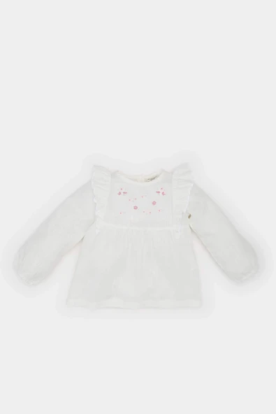 Defacto E2833 Beyaz Kız Bebek Bisiklet Yaka Floral Flamlı Poplin Uzun Kollu Gömlek ürün görseli 1