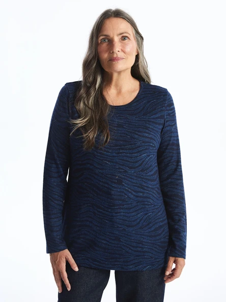 LC WAIKIKI LACİVERT Bisiklet Yaka Desenli Uzun Kollu Kadın Bluz ürün görseli 1