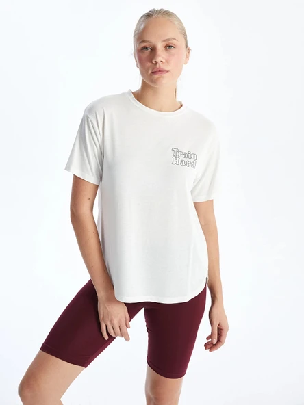 XSIDE ACTIVE Beyaz Bisiklet Yaka Baskılı Kadın Spor Tişört ürün görseli 1