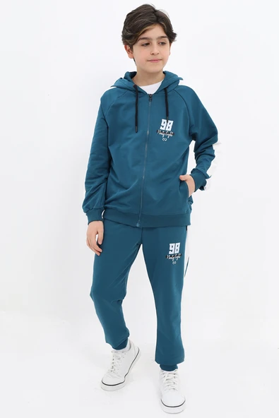 Toontoy Erkek Çocuk 2'li Takım Baskılı Kapüşonlu Fermuarlı Cepli Reglan Kol Sweatshirt & Beli Paçası Lastikli Cepli Jogger Eşofman Altı - Bant Detaylı & 2 İplik ürün görseli 1