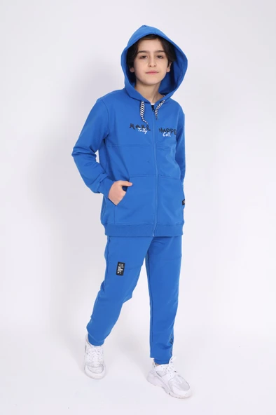 Toontoy Erkek Çocuk 2'li Takım Baskılı Kapüşonlu Fermuarlı Cepli Sweatshirt & Beli Paçası Lastikli Cepli Jogger Eşofman Altı - 2 İplik ürün görseli 1