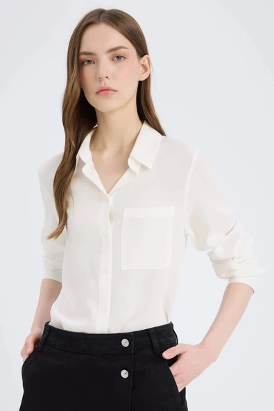 Defacto N2518 Beyaz 	Regular Fit Basic Düz Düğmeli Uzun Kollu Gömlek ürün görseli 1