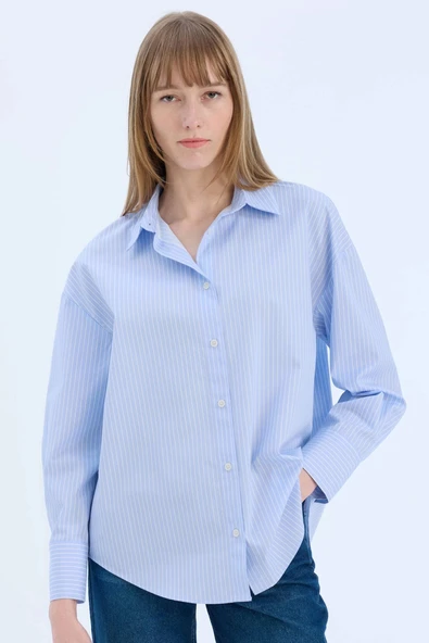 Defacto W7702 Mavi Oversize Geniş Kalıp Çizgili Poplin Uzun Kollu Gömlek ürün görseli 1
