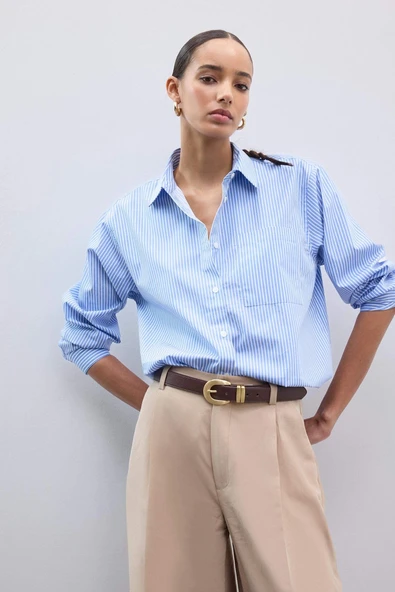 Defacto E5329 Mavi Coool Oversize Geniş Kalıp Çizgili Poplin Uzun Kollu Gömlek ürün görseli 1