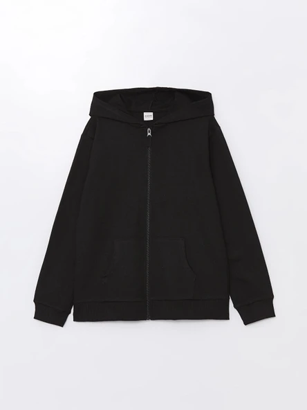 LCW Kids Siyah Kapüşonlu Basic Uzun Kollu Kız Çocuk Fermuarlı Sweatshirt ürün görseli 1