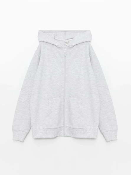 LCW Kids Gri Kapüşonlu Basic Uzun Kollu Kız Çocuk Fermuarlı Sweatshirt ürün görseli 1