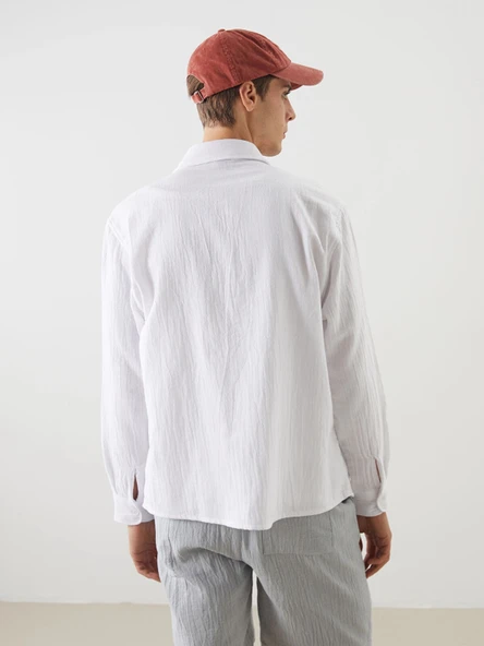 XSIDE Beyaz Regular Fit Müslin Kırışıklı Erkek Gömlek - Resim 4
