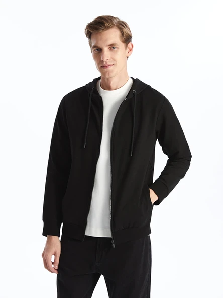 LCWAIKIKI Basic Siyah Kapüşonlu Uzun Kollu Erkek Fermuarlı Sweatshirt ürün görseli 1
