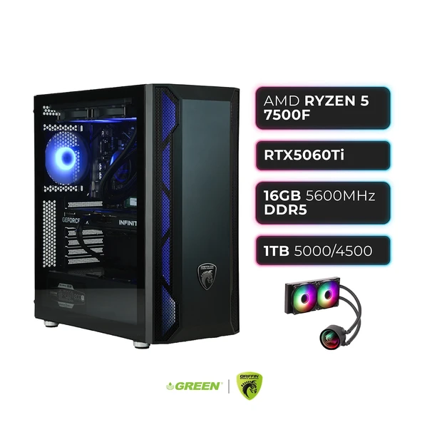 GREEN GRIFFIN G2  RTX 5060TI  Ryzen 5 7500F  16 GB DDR5 Ram  1TB SSD  Sıvı Soğutucu  Oyuncu OEM Paket ürün görseli 1