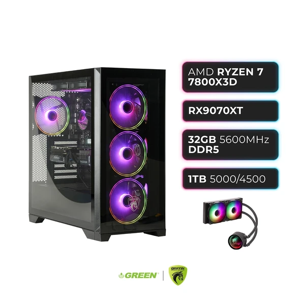 GREEN GRIFFIN G9  RX 9070 XT  Ryzen 7 7800X3D  32 GB DDR5 Ram  1TB SSD  Sıvı Soğutucu  Oyuncu OEM Paket ürün görseli 1