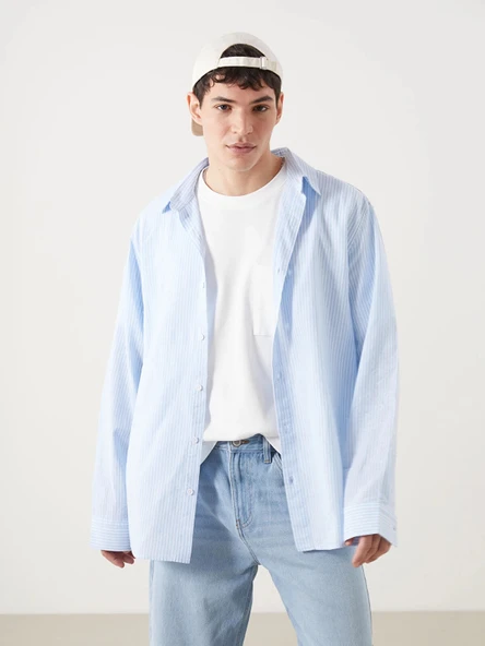 XSIDE Mavi Regular Fit Uzun Kollu Çizgili Keten Karışımlı Erkek Gömlek ürün görseli 1