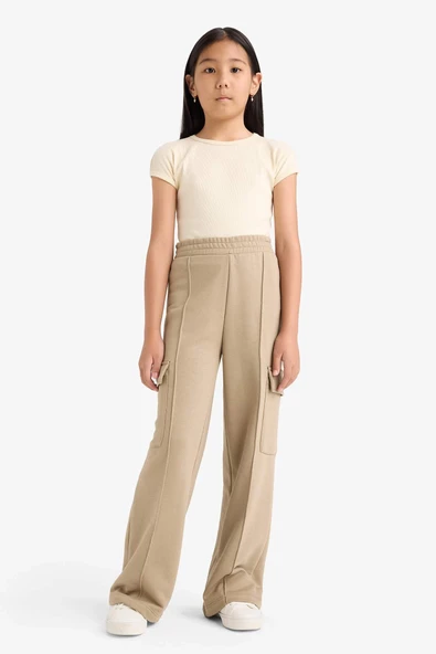 Defacto E6930A8BG403 Bej Kız Çocuk Beli Lastikli Wide Leg Kargo Eşofman Altı ürün görseli 1
