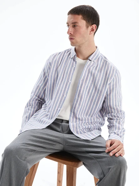 LCW Vision Mavi Slim Fit Uzun Kollu Çizgili Gömlek ürün görseli 1
