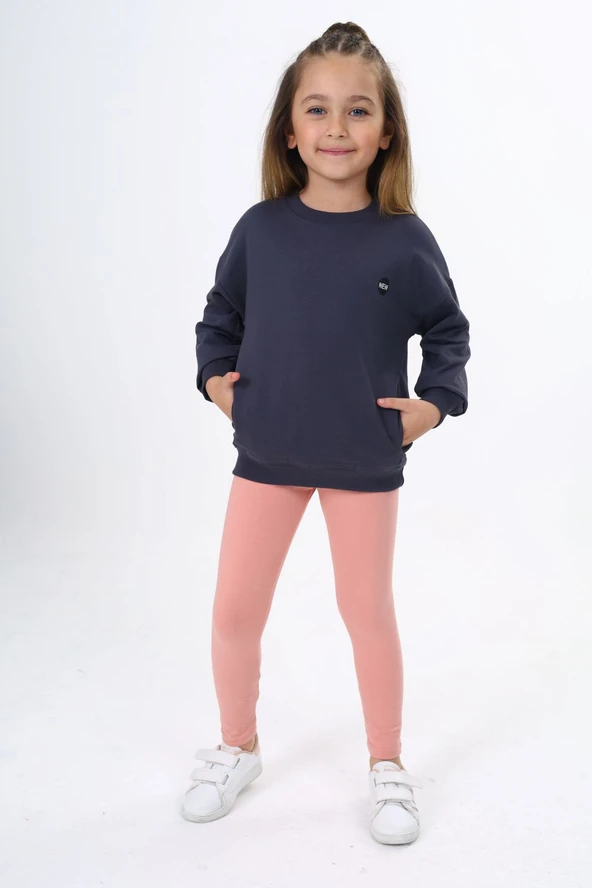 Toontoy Kız Çocuk 2'li Takım Baskılı Bisiklet Yaka Düşük Omuz Cepli Sweatshirt & Basic Düz Tayt ürün görseli 1