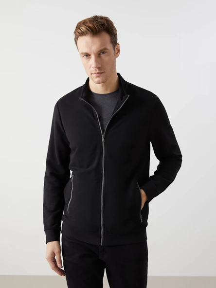 LCWAIKIKI Classic Siyah Dik Yaka Uzun Kollu Erkek Fermuarlı Sweatshirt ürün görseli 1