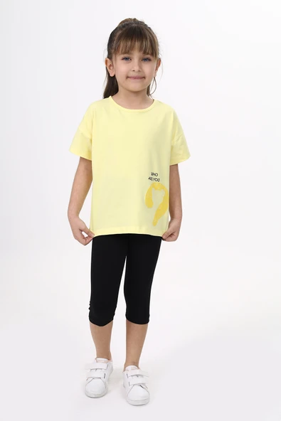 Toontoy Kız Çocuk 2'li Takım Baskılı Bisiklet Yaka T-Shirt & Beli Lastikli Crop Tayt ürün görseli 1