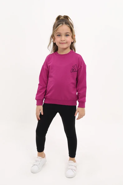 Toontoy Kız Çocuk 2'li Takım Baskılı Bisiklet Yaka Düşük Omuz Sweatshirt & Basic Düz Tayt ürün görseli 1
