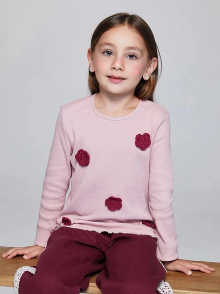 LCW Kids Pembe Bisiklet Yaka Desenli Kız Çocuk Bluz ürün görseli 1