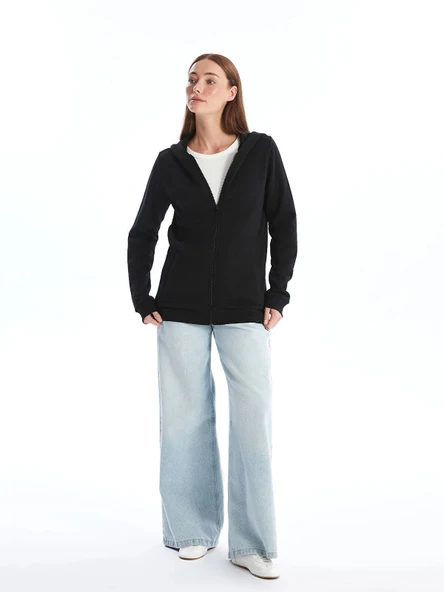 LCWAIKIKI Basic Siyah Kapüşonlu Kadın Kalın Fermuarlı Sweatshirt - Resim 2