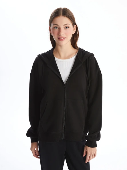 LCW Vision Siyah Kapüşonlu Oversize Kadın Kalın Fermuarlı Sweatshirt ürün görseli 1