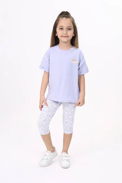 Toontoy Kız Çocuk 2'li Takım Baskılı Bisiklet Yaka T-Shirt & Beli Lastikli Crop Tayt ürün görseli 1