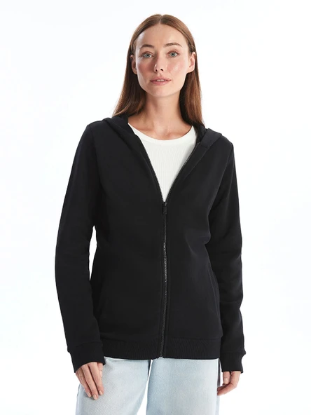 LCWAIKIKI Basic Siyah Kapüşonlu Kadın Kalın Fermuarlı Sweatshirt ürün görseli 1