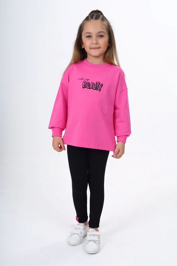 Toontoy Kız Çocuk 2'li Takım Baskılı Bisiklet Yaka Sweatshirt & Basic Düz Tayt ürün görseli 1